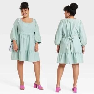 NWT Ava & Viv Women's Ruffle Hem Acid Wash Cottage Boho Tiered Tie Back Dress 1X